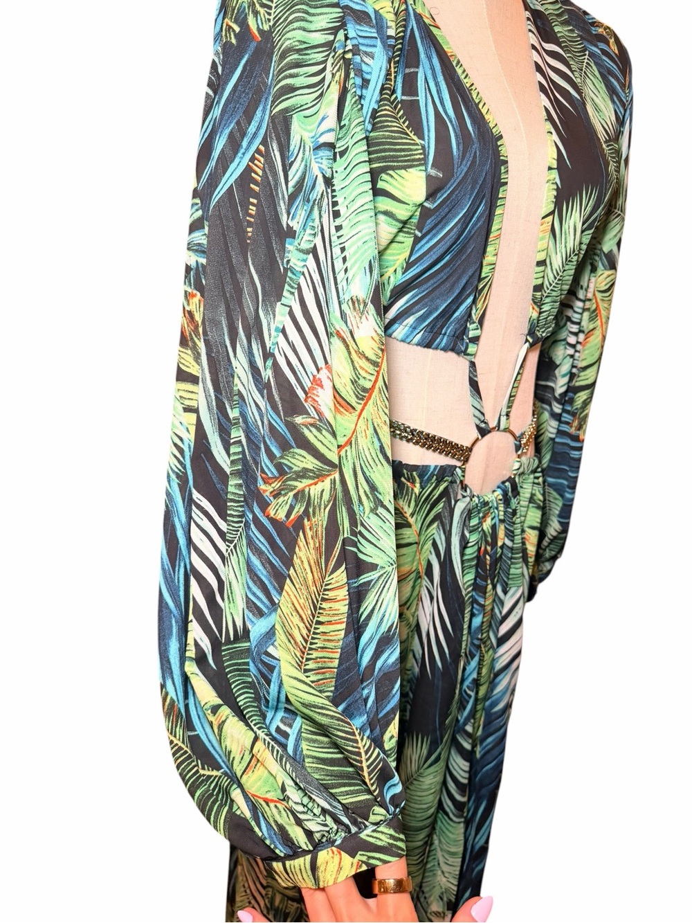 Bronx & Banco Jungle Cut Out Tropical Silk Maxi Dress Green M US 6 - Picture 11 of 14